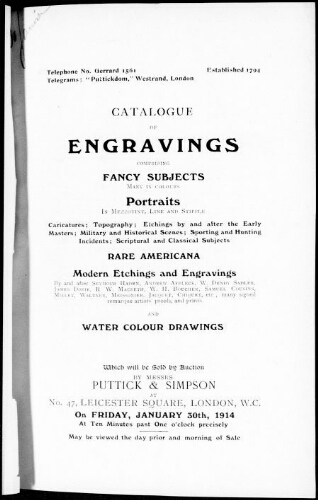 Catalogue of engravings comprising fancy subjects many in colours, portraits in mezzotint, line and stipple [...] : [vente du 30 janvier 1914]