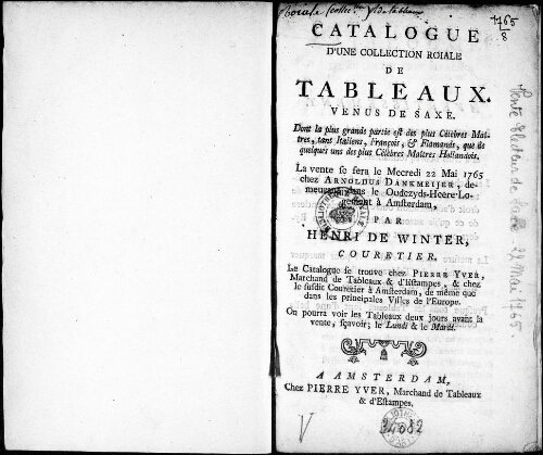 Catalogue d'une collection royale de tableaux venus de Saxe [...] : [vente du 22 mai 1765]