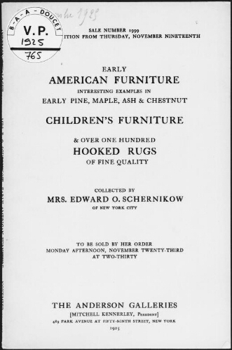 Early American furniture [...] collected by Edward O. Schernikow [...] : [vente du 23 novembre 1925]