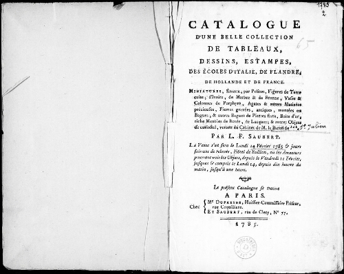 Catalogue d'une belle collection de tableaux, dessins, estampes, des écoles d'Italie, de Flandre, de Hollande et de France [...] : [vente du 14 février 1785]