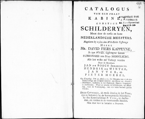 Catalogus van een fraay kabinet konstige Schilderyen, meest door de eerste en beste Nederlandsche meesters [...] : [vente du 25 avril 1775]