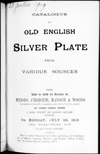 Catalogue of old English silver plate [...] : [vente du 28 juillet 1919]