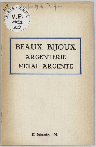 Beaux bijoux, argenterie, métal argenté : [vente du 13 décembre 1944]