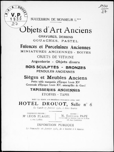 Succession de Monsieur L***, objets d'art anciens [...] : [vente du 26 janvier 1930]