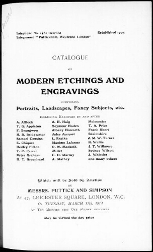 Catalogue of modern etchings and engravings [...] : [vente du 17 mars 1914]