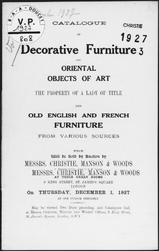 Catalogue of decorative furniture and oriental objects of art, the property of a lady of title [...] : [vente du 1er décembre 1927]