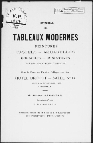 Catalogue des tableaux modernes, peintures, pastels, aquarelles, gouaches, miniatures, par une association d'artistes [...] : [vente du 14 novembre 1927]