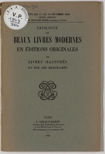 Catalogue des beaux livres modernes : [vente du 11 au 13 octobre 1943]