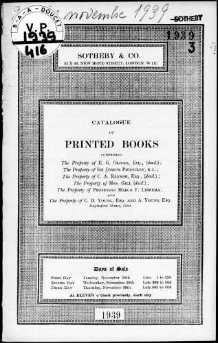Catalogue of printed books [...] : [vente du 28 novembre 1939]
