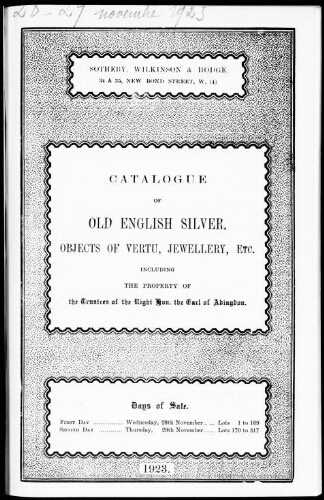 Catalogue of old English silver, objects of vertu, etc. [...] : [vente des 28 et 29 novembre 1923]