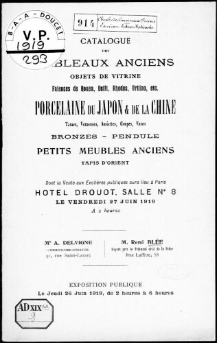 Catalogue des tableaux anciens, objets de vitrine [...] : [vente du 27 juin 1919]