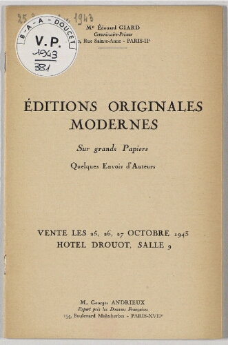 Éditions originales modernes [...] : [vente du 25 au 27 octobre 1943]
