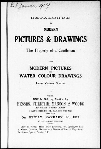 Catalogue of modern pictures and drawings […] : [vente du 26 janvier 1917]