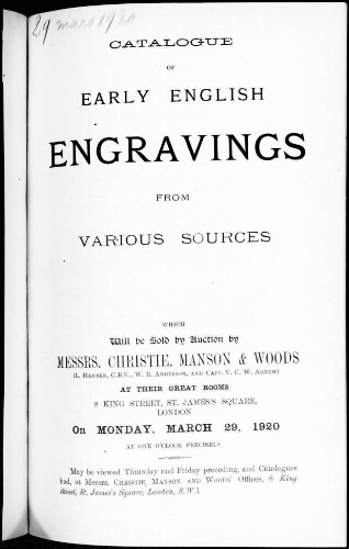 Catalogue of early english engravings from various sources [...] : [vente du 29 mars 1920]