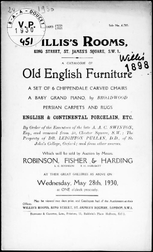 Catalogue of old English furniture [...], by order of the Executors of the late A. A. C. Swinton [...] : [vente du 28 mai 1930]