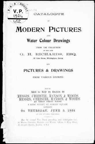 Catalogue of modern pictures and water colour drawings from the collection of the late G. H. Richards, Esq. [...] : [vente du 5 juin 1924]