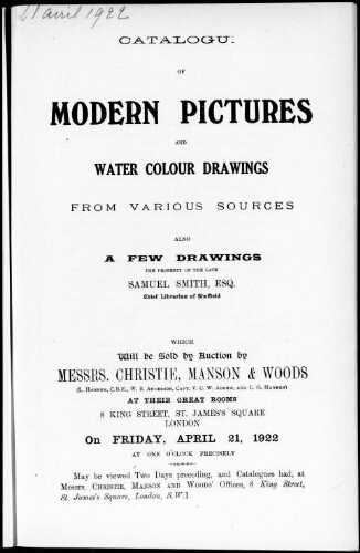 Catalogue of modern pictures and water colour drawings from various sources, also a few drawings [...] : [vente du 21 avril 1922]