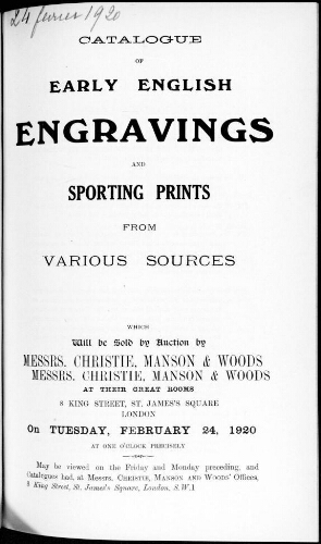 Catalogue of early english engravings and sporting print [...] : [vente du 24 février 1920]