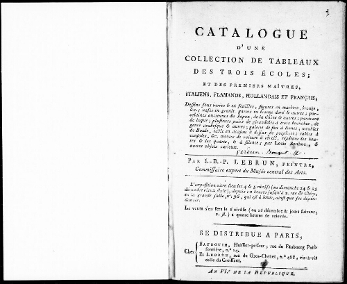 Catalogue d'une collection de tableaux des trois écoles, et des premiers maîtres [...] : [vente du 26 décembre 1797]