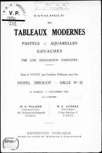Catalogue des tableaux modernes, pastels, aquarelles, gouaches, par une association d'artistes [...] : [vente du 11 décembre 1920]