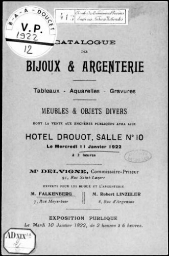 Catalogue des bijoux et argenterie [...] : [vente du 11 janvier 1922]