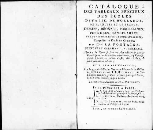 Catalogue des tableaux précieux des écoles d’Italie, de Hollande, de Flandres et de France [...] : [vente du 22 février 1798]
