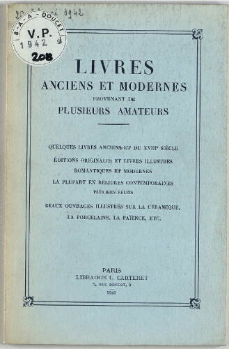 Catalogue de livres anciens et modernes : [vente des 26 et 27 mai 1942]