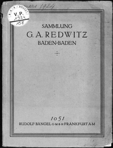 Sammlung G. A. Redwitz, Baden-Baden : [vente du 4 mars 1924]
