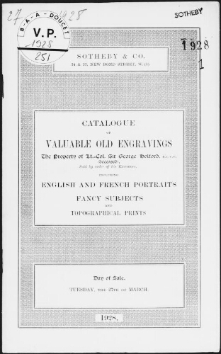 Catalogue of valuable old engravings, the property of Lt.-Col. Sir George Holfford [...] : [vente du 27 mars 1928]