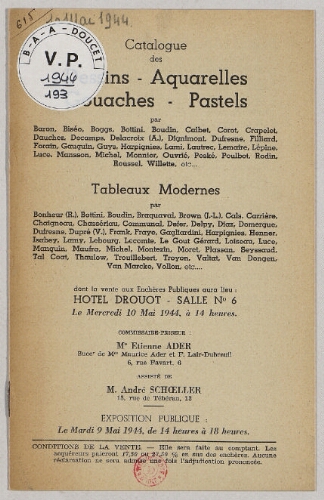 Catalogue des dessins, aquarelles, gouaches, pastels [...] tableaux modernes [...] : [vente du 10 mai 1944]