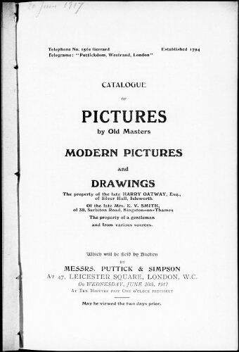 Catalogue of pictures by old masters, modern pictures and drawings […] : [vente du 20 juin 1917]