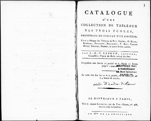 Catalogue d'une collection de tableaux des trois écoles, provenant du cabinet d’un amateur [...] : [vente du 10 juin 1798]