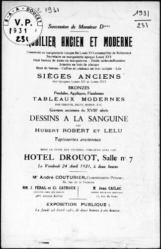 Succession de Monsieur D... ; mobilier ancien et moderne, [...] dessins à la sanguine par Hubert Robert et Lelu [...] : [vente du 24 avril 1931]