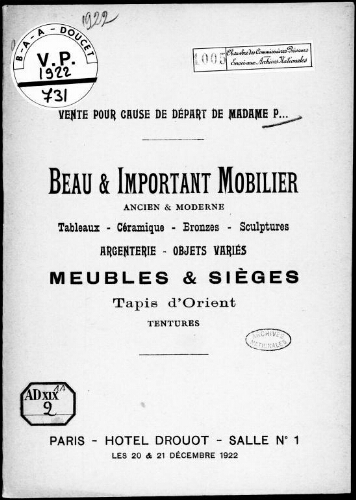Vente pour cause de départ de Madame P. Beau et important mobilier ancien et moderne [...] : [vente des 20 et 21 décembre 1922]