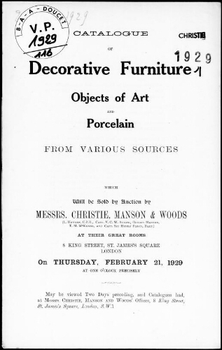 Catalogue of decorative furniture, objects of art and porcelain from various sources [...] : [vente du 21 février 1929]
