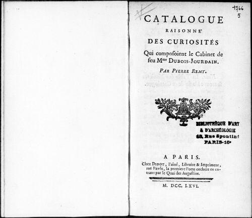 Catalogue raisonné des curiosités qui composoient le cabinet de feu Mme Dubois-Jourdain [...] : [vente du 12 mai 1766]