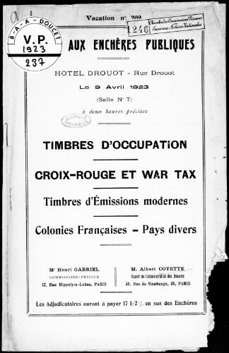 Timbres d'occupation, Croix-Rouge et War tax, timbres d'émissions modernes, colonies françaises, pays divers : [vente du 9 avril 1923]