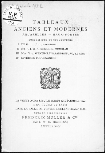 Tableaux anciens et modernes, aquarelles, eaux-fortes [...] : [vente du 12 décembre 1922]
