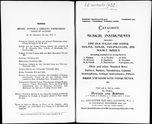 Catalogue of musical instruments comprising fine old Italian and other violins, violas, violoncellos, and double basses [...] : [vente du 16 novembre 1922]