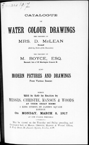 Catalogue of water colour drawings […] : [vente du 5 mars 1917]