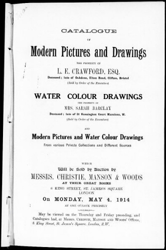Catalogue of modern pictures and drawings [...] : [vente du 4 mai 1914]