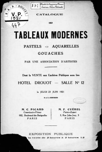 Catalogue des tableaux modernes, pastels, aquarelles, gouaches, par une association d'artistes [...] : [vente du 23 juin 1921]