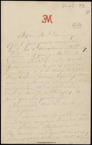 Lettre de Jean-Louis-Ernest Meissonier à Dominique, Poissy, 21 février 1879
