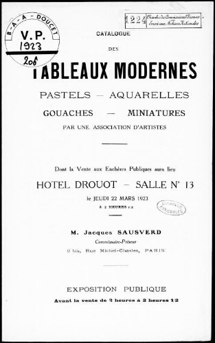 Catalogue des tableaux modernes, pastels, aquarelles, gouaches, miniatures, par une association d'artistes [...] : [vente du 22 mars 1923]