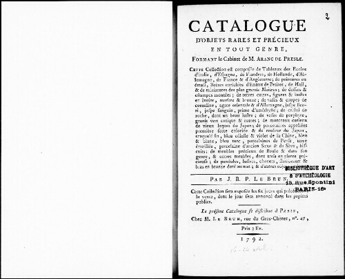 Catalogue d'objets rares et précieux en tout genre, formant le cabinet de M. Aranc de Presle [...] : [vente du 16 avril 1792]