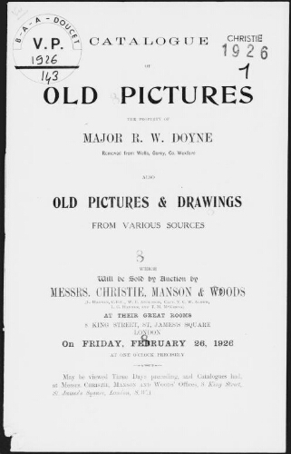 Catalogue of old pictures, the property of Major R. W. Doyne [...] : [vente du 26 février 1926]
