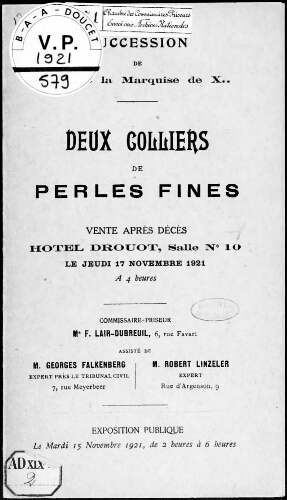 Succession de Madame la Marquise de X... Deux colliers de perles fines [...] : [vente du 17 novembre 1921]