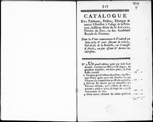 Catalogue des tableaux, dessins, estampes et autres ustensiles à l'usage de la peinture laissés au décès du Sieur Amand [...] : [vente du 30 juin 1769]