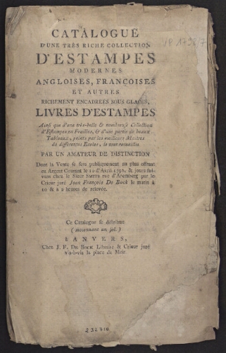 Catalogue d'une très riche collection d'estampes modernes anglaises, françaises […] : [vente du 10 avril 1792]
