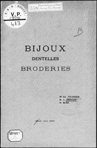 Catalogue des bijoux [...] Dentelles, broderies, linge [...] ; [vente du 21 juin 1920]